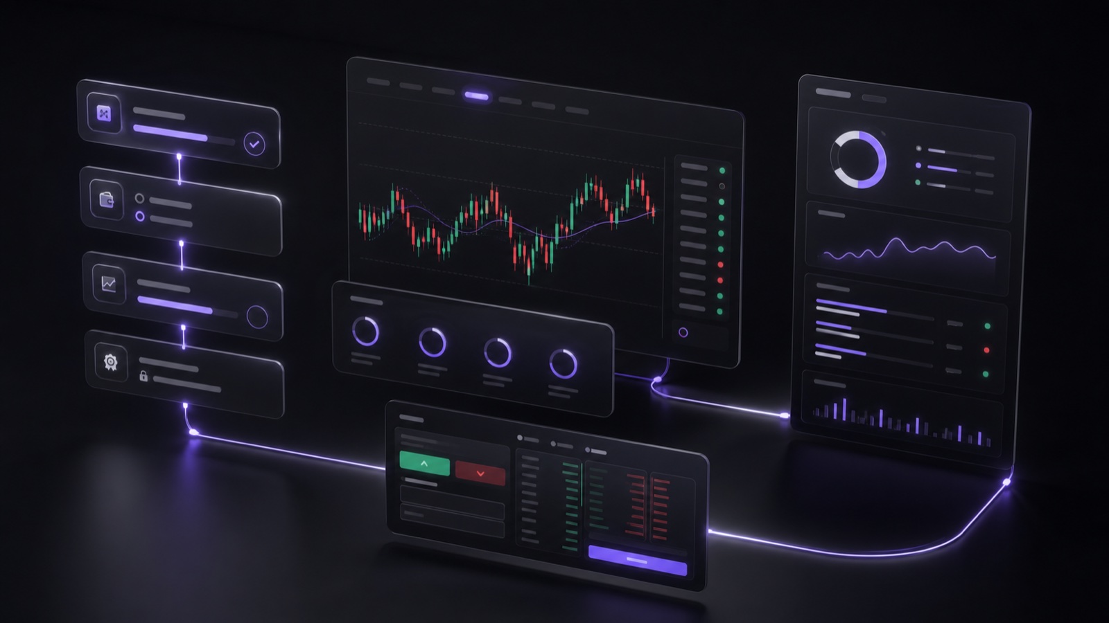 Dark trading platform visualization with charts, order workflow and analytics panels